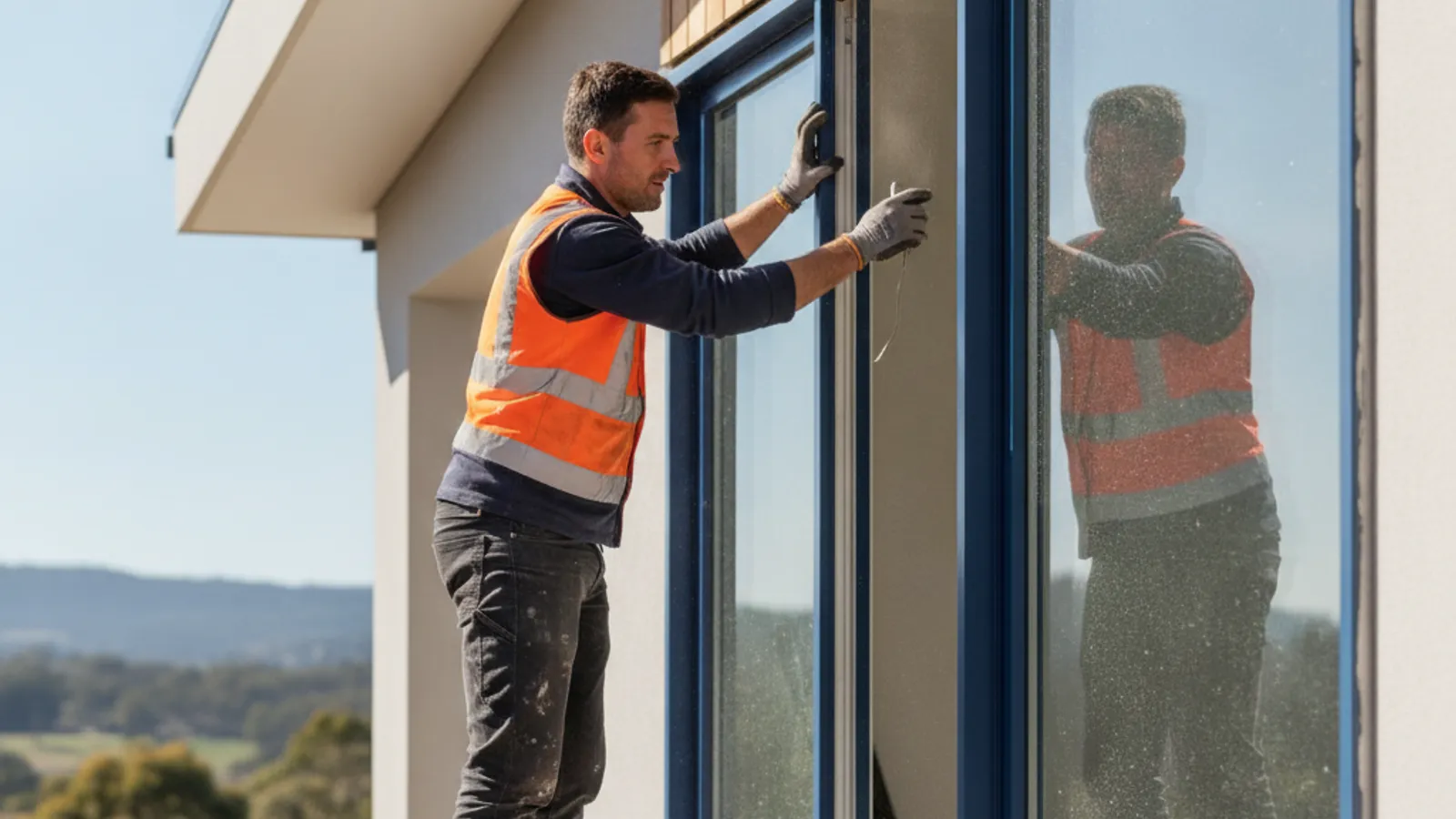 A tradesman installing a custom blue aluminium window on a modern South Australian home under bright sunlight.