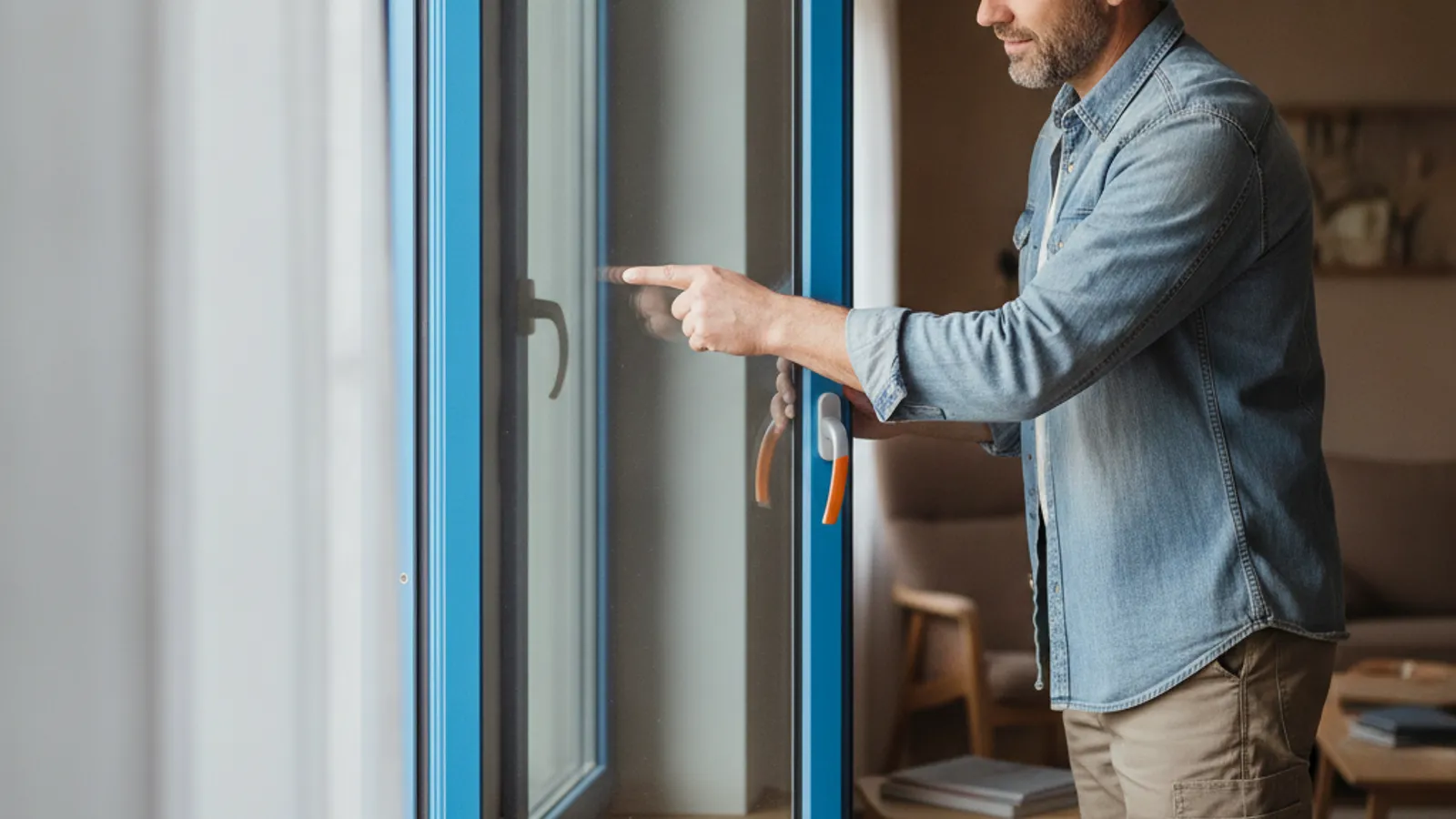Homeowner inspecting a new aluminium window with blue frame and orange accent, emphasizing quality craftsmanship.